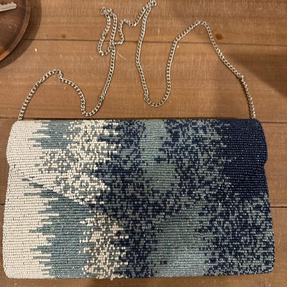 Elegant Beaded Clutch in Blue and Silver